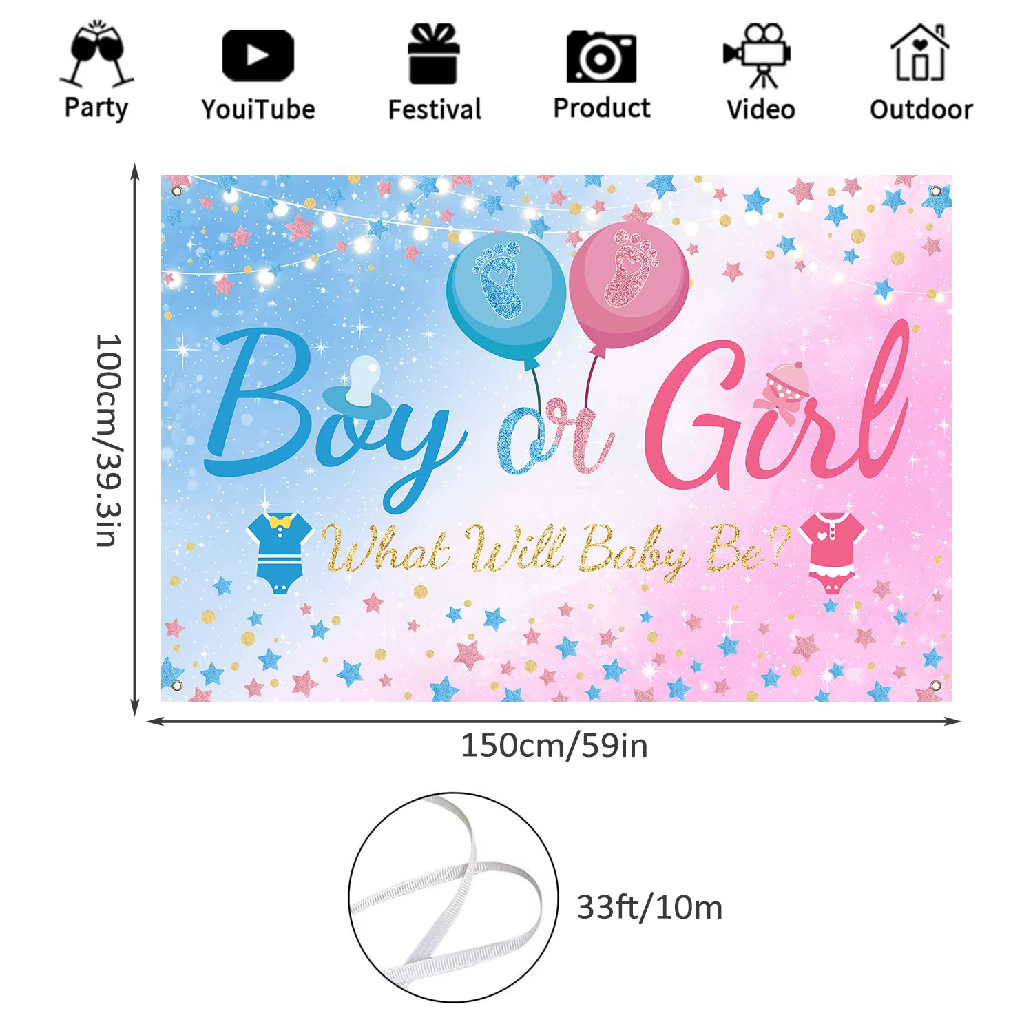 Couverture d'arrière-plan pour révélation du sexe, bannière de signe pour garçon ou fille, ballons r