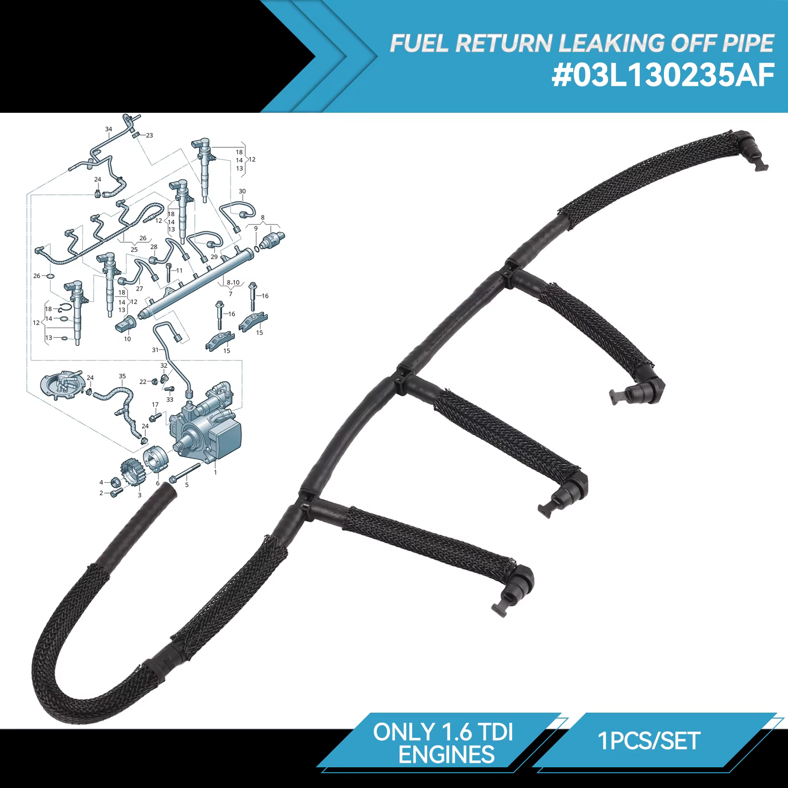 Injecteur de carburant diesel avec tuyau de retour, fuite, 03L130235 tains, VW Caddy Beetle Jetta Po
