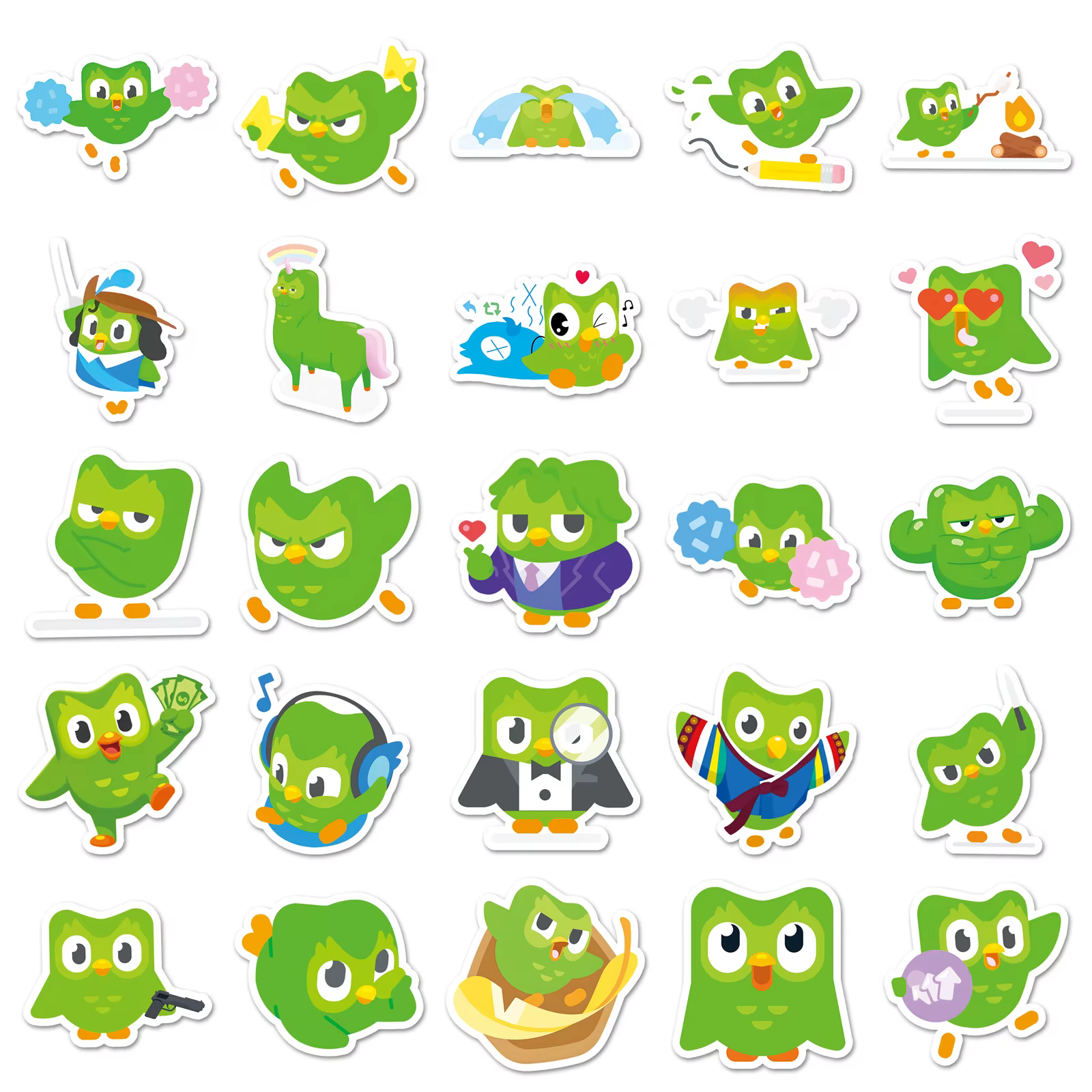 Autocollants hibou vert dessin animé Duolingo, 50 pièces, autocollants d'apprentissage des langues, 