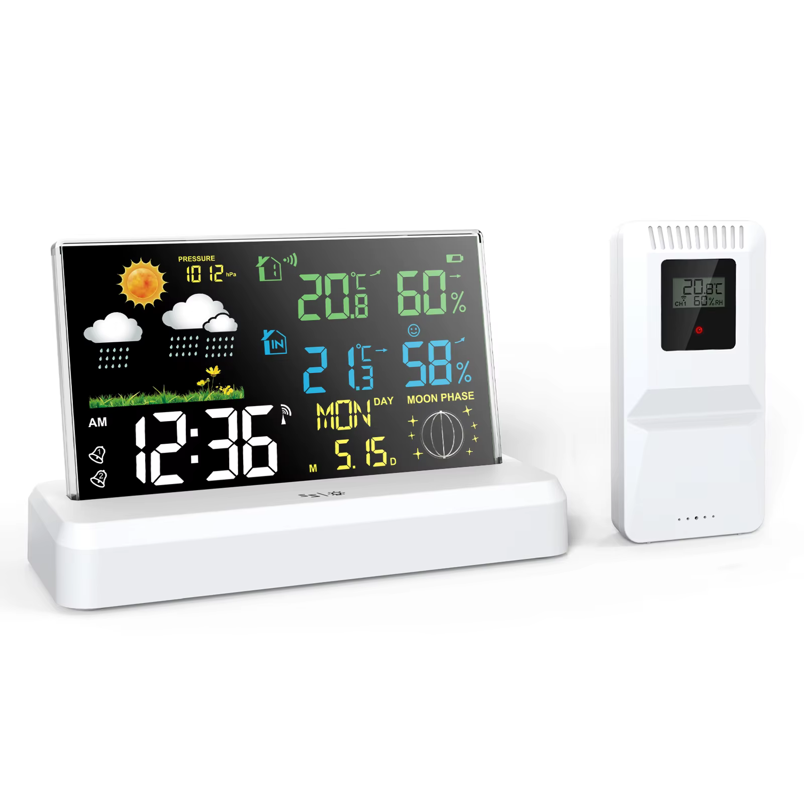 Station météo sans fil, réveil RCC, écran couleur VA, thermomètre intérieur/extérieur, hygromètre, P