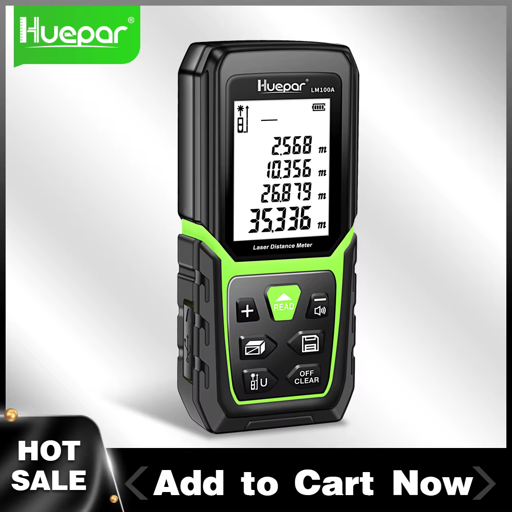 Huepar télémètre Laser télémètre 330 pieds/100M rétro-éclairé LCD mesure Laser M/In/Ft avec batterie