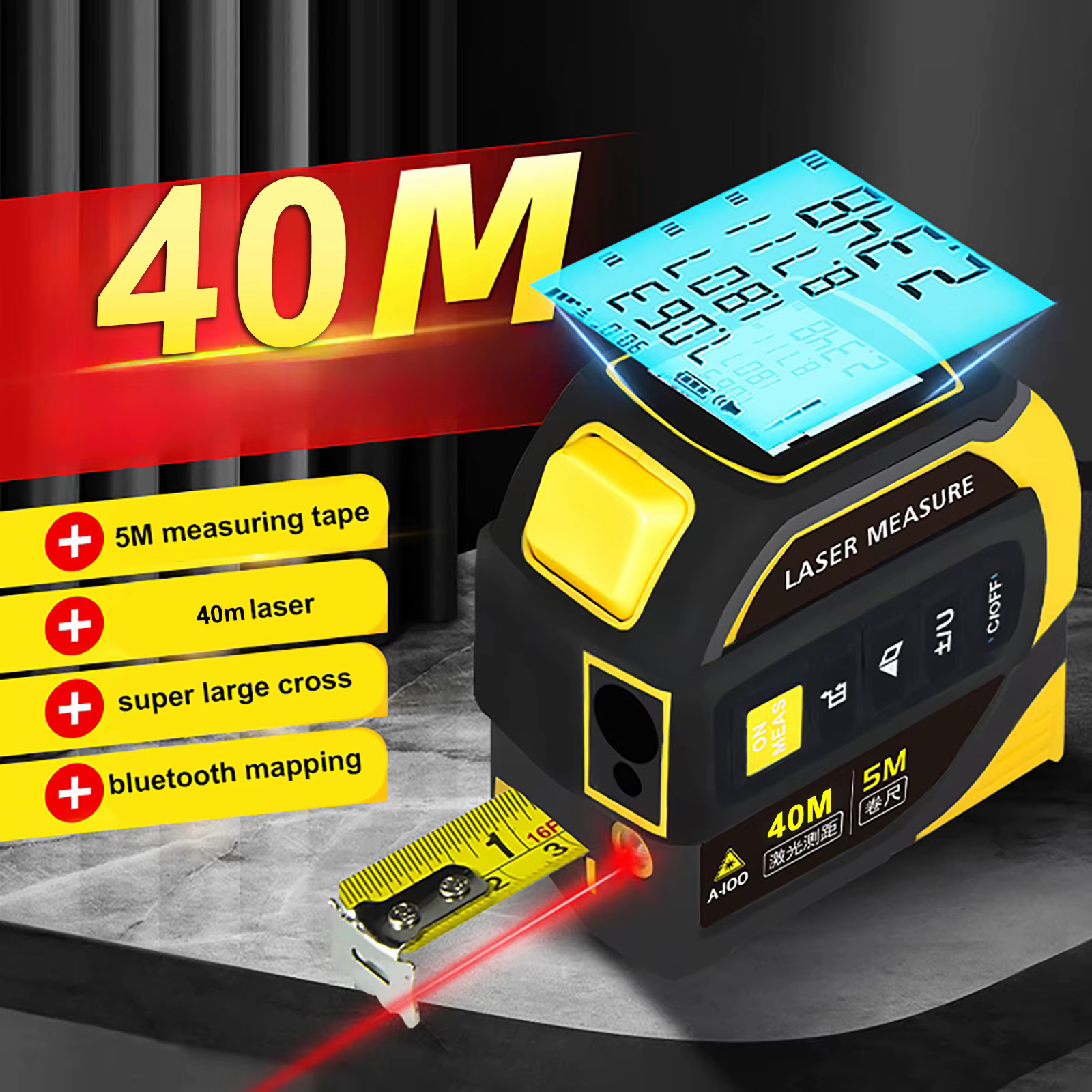Ruban à mesurer 5m, télémètre Laser de Distance 40-100m, règle électronique infrarouge, ligne transv