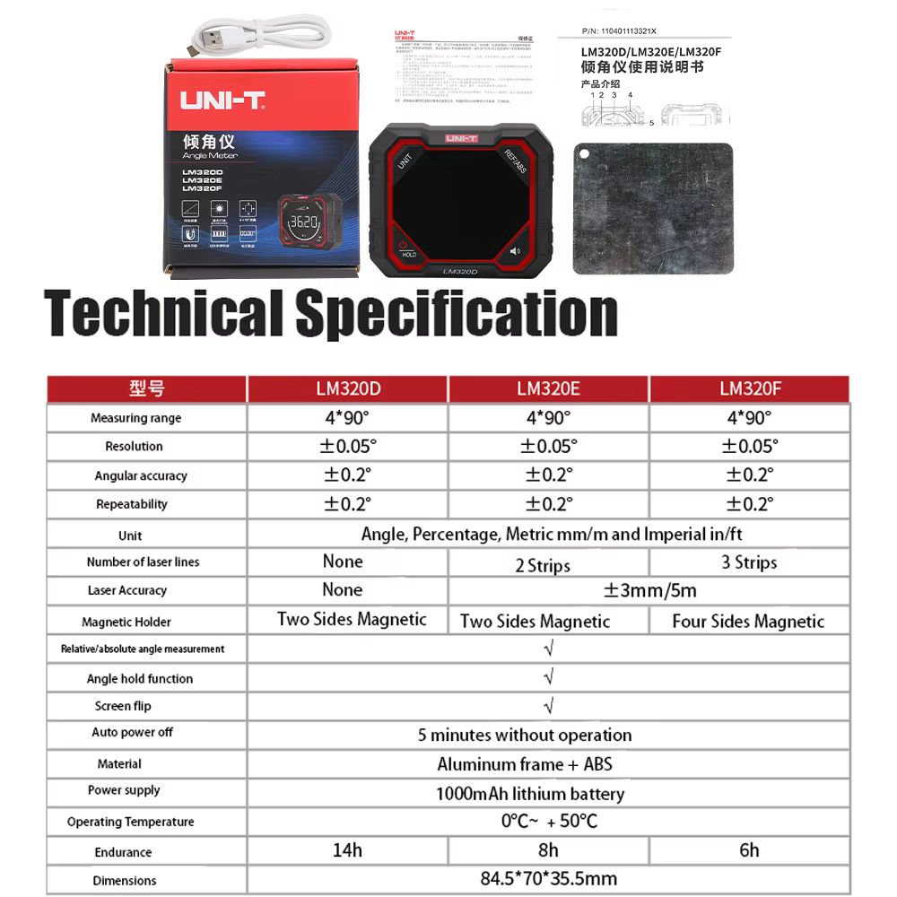 Inclinomètre Laser numérique UNI-T LM320D LM320E LM320F, compteur d'ange avec mesure d'angle relatif