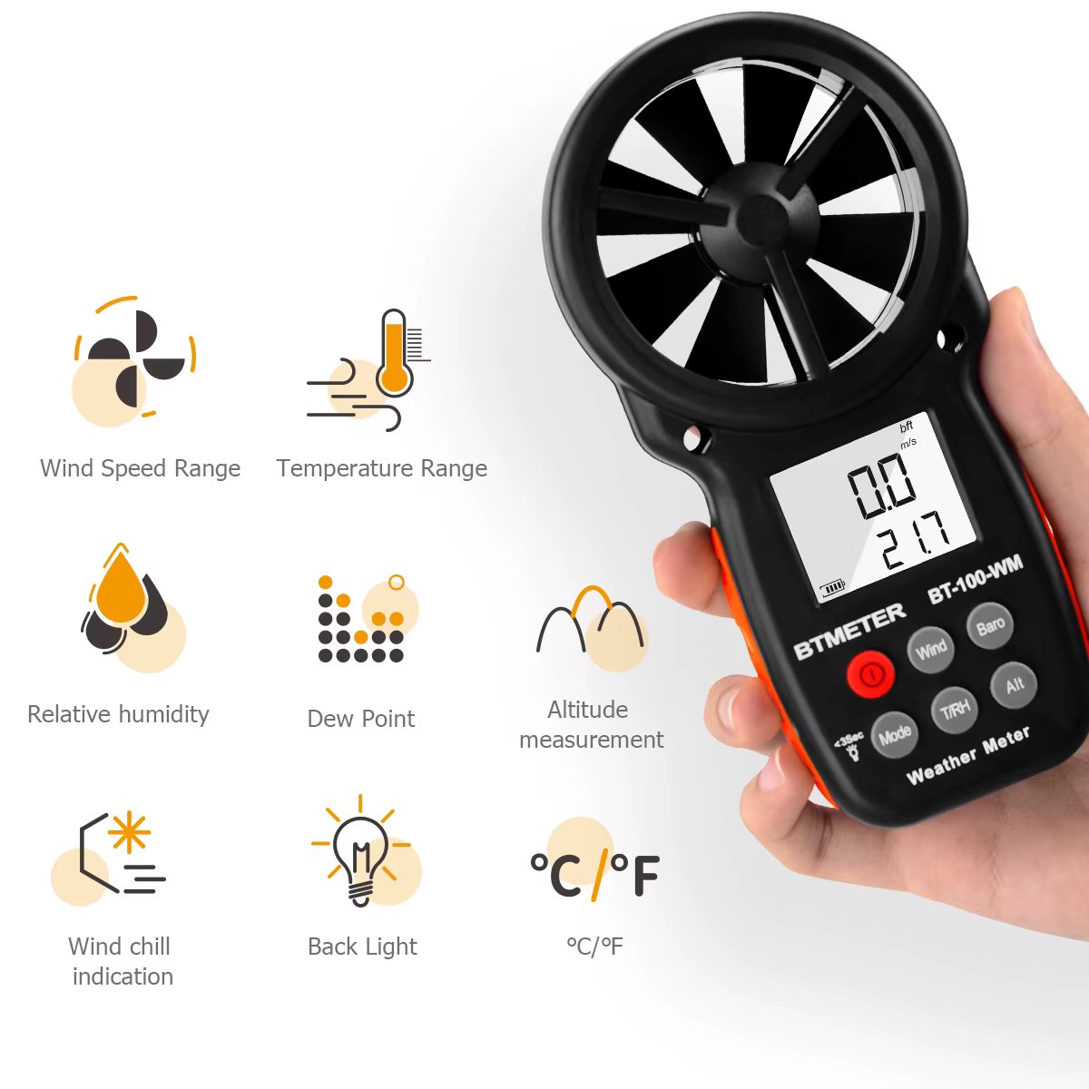 BTMETER BT-100-WM Anémomètre et baromètre numériques portatifs, instruments de mesure de la vitesse 