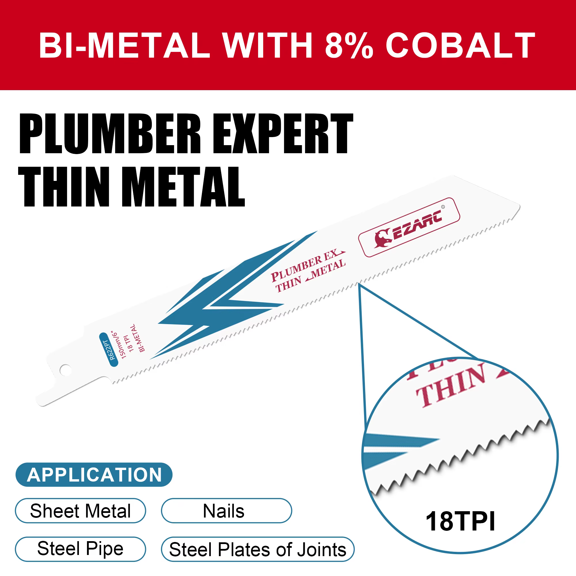 Lame de scie sabre bi-métal au cobalt EZARC de 6 pouces pour la coupe de métaux fins à moyens, 150 m