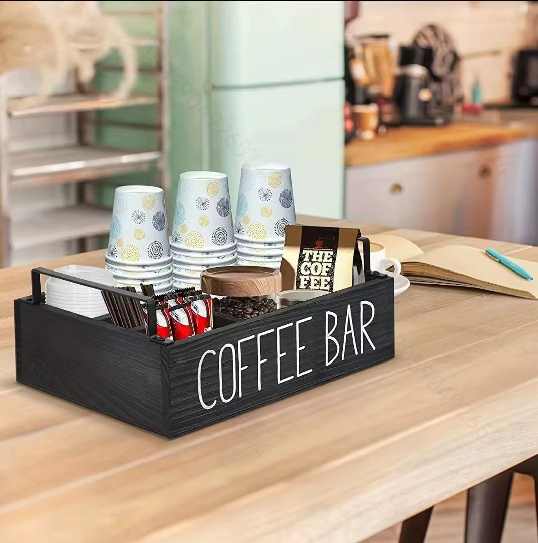 Boîte de rangement en bois, organisateur multi-compartiments pour café, sachets de thé, gobelets en 