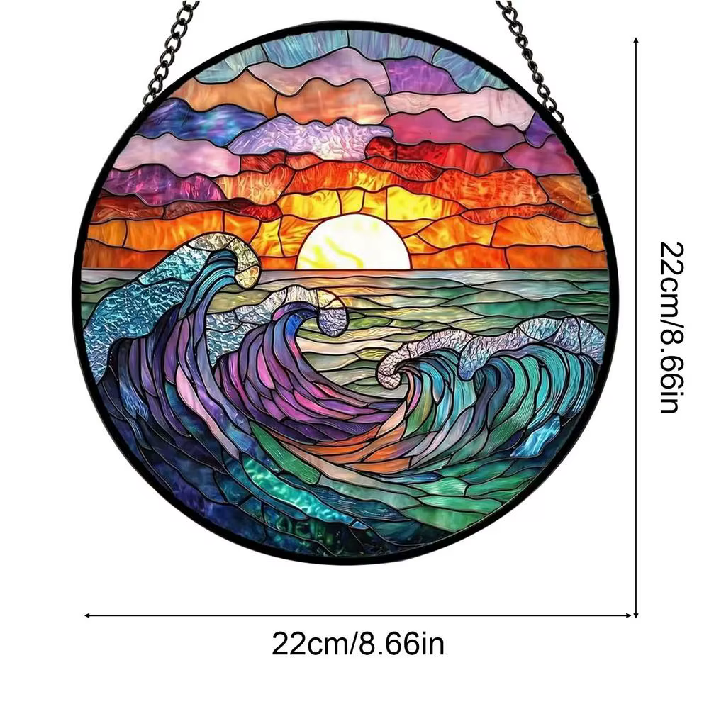 Attrape-soleil en vitrail coloré de 8,66 pouces, rond, en acrylique, à suspendre à la fenêtre avec c