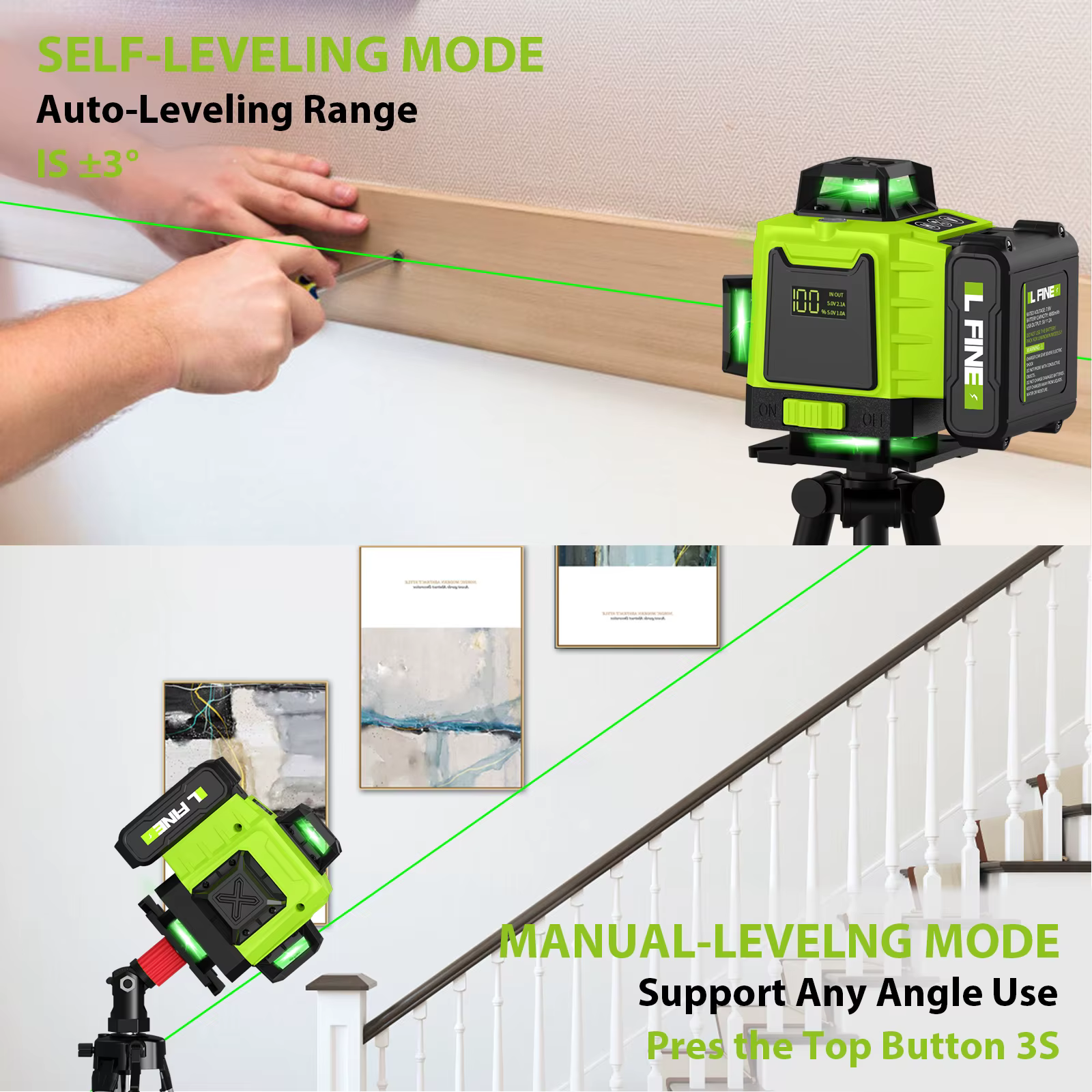 Lfine Nivel Laser 4D 16 Lignes 360 ° Niveaux Laser auto-nivelants avec trépied et lignes vertes pour