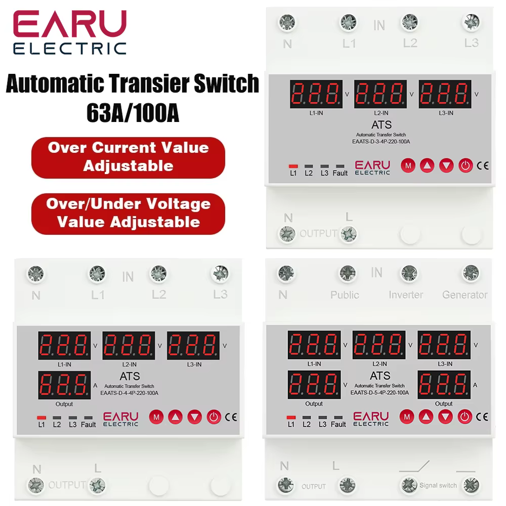 Sélecteur de Phase 63A 100A, 3 phases 3P + N, protecteur de courant de surtension réglable, commutat