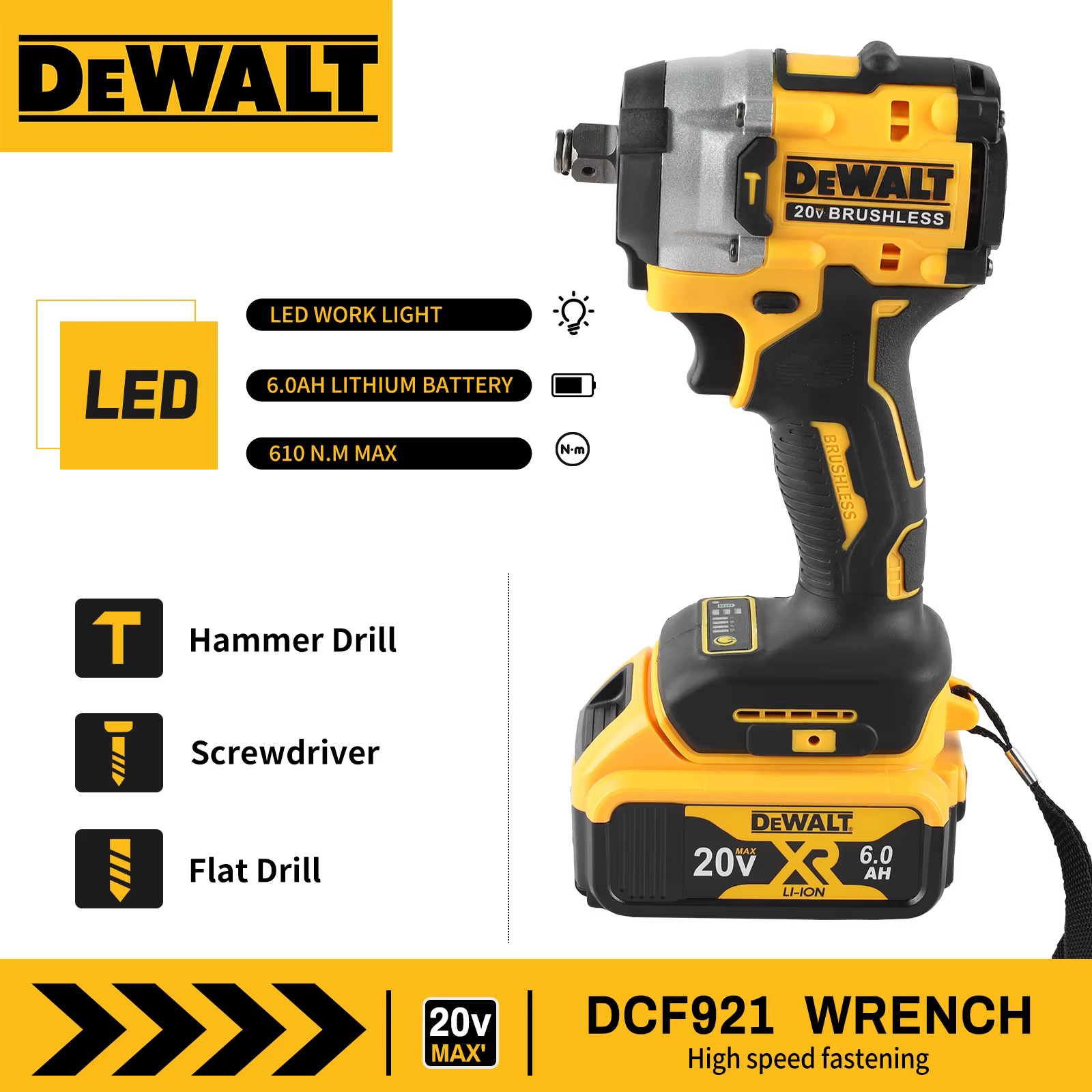 DEWALT DCF921 ATOMIC 20V MAX Clé à chocs sans fil 1/2 pouce : vitesse variable, charge intégrée, liv