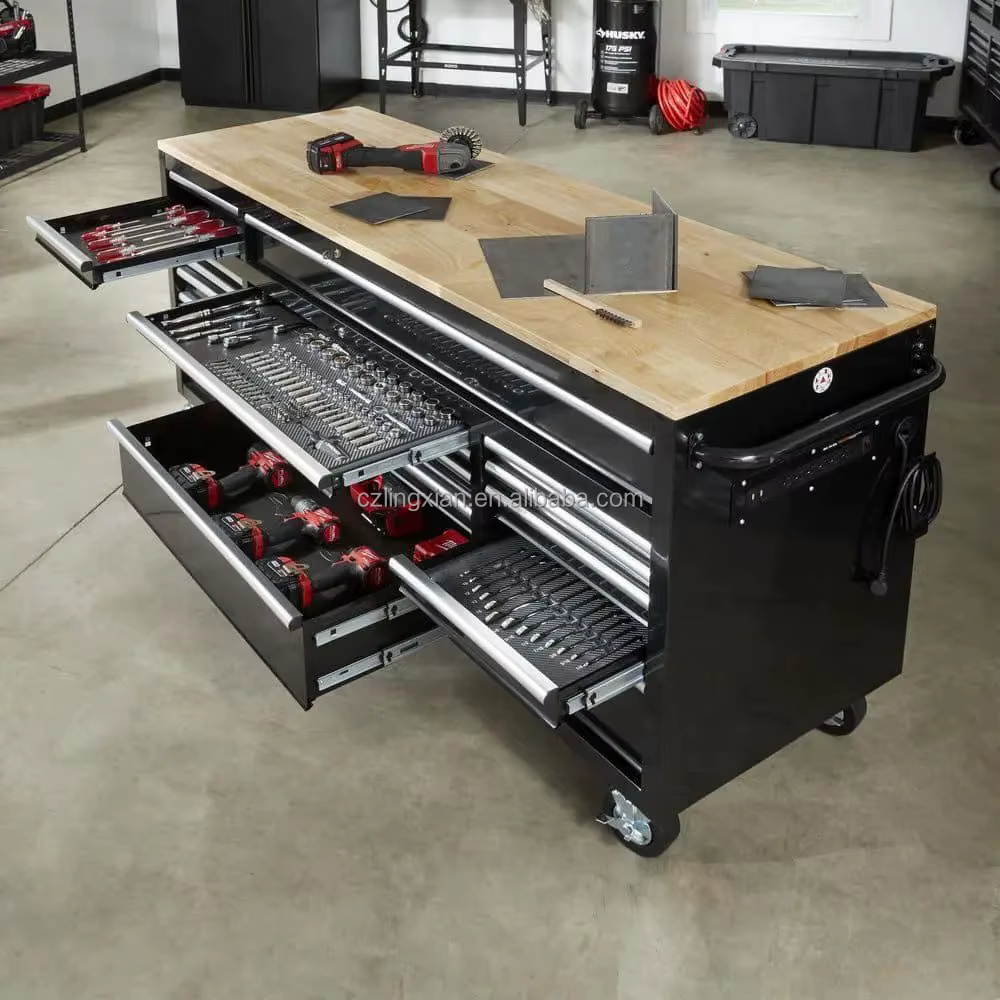 Banc de travail avec coffre à outils et plateau en bois noir brillant, mobile, 72"x24", armoire à 18