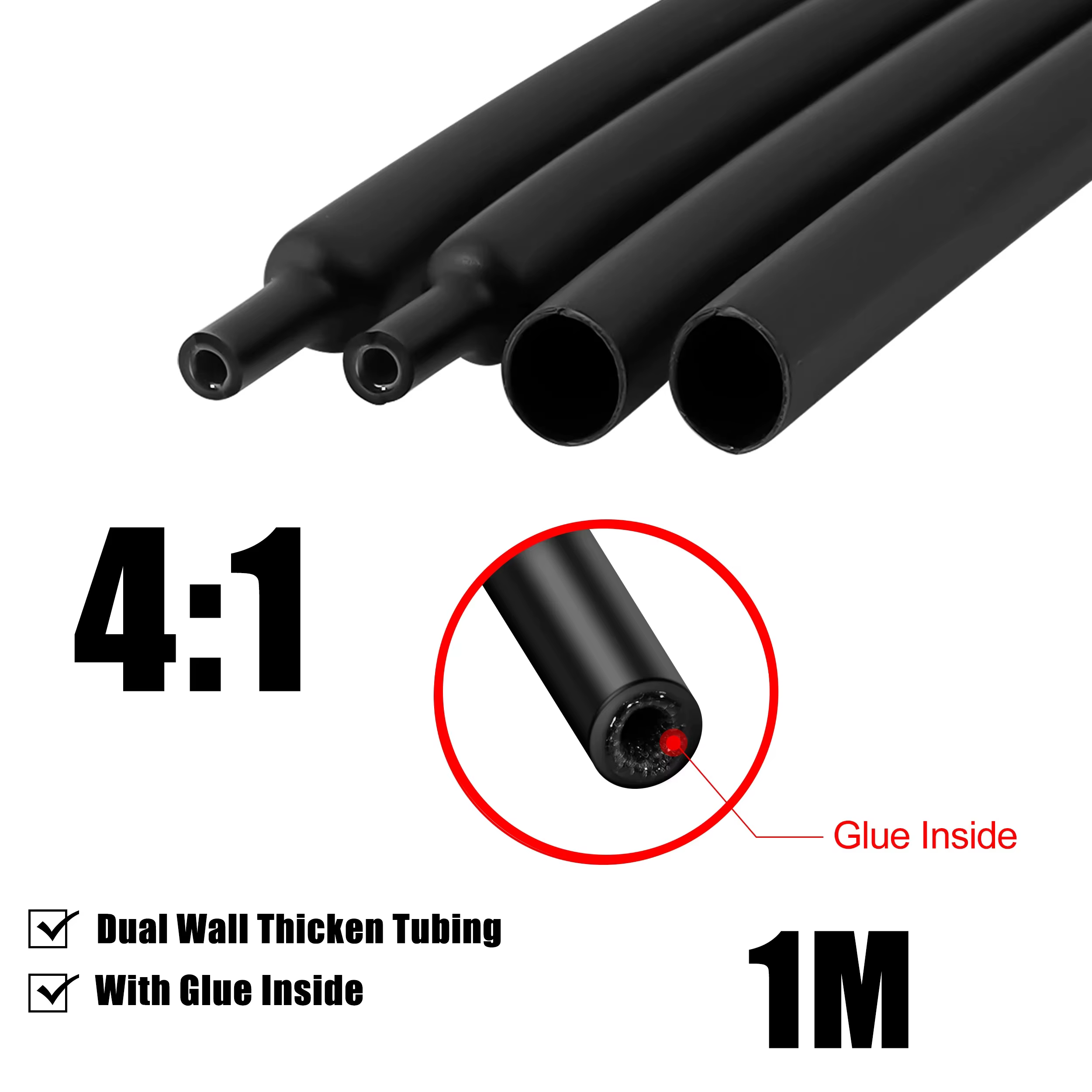 Tube thermorétractable 1M 4:1, avec colle, thermorétractable, double paroi, 4/6/8/12/16/20MM