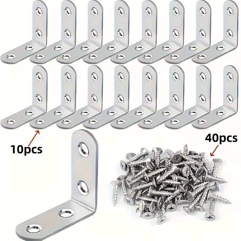 Un ensemble de 50 pièces, y compris 10 supports à angle droit de 90 degrés avec 40 vis, quincailleri