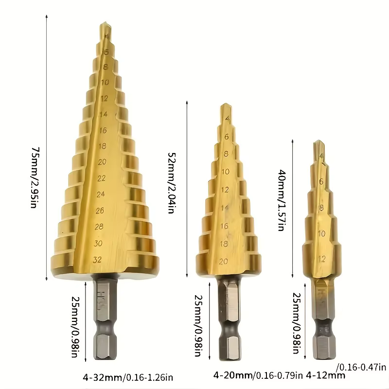 Foret étagé revêtu de titane HSS 4-12/20/32mm, outil électrique de perçage, métal, acier rapide, cou