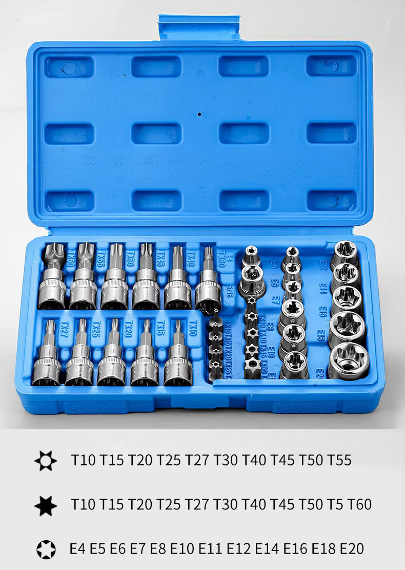 34 pièces douilles Torx et douilles étoile e-torx ensemble 1/4 "3/8" 1/2 "entraînement mâle femelle 