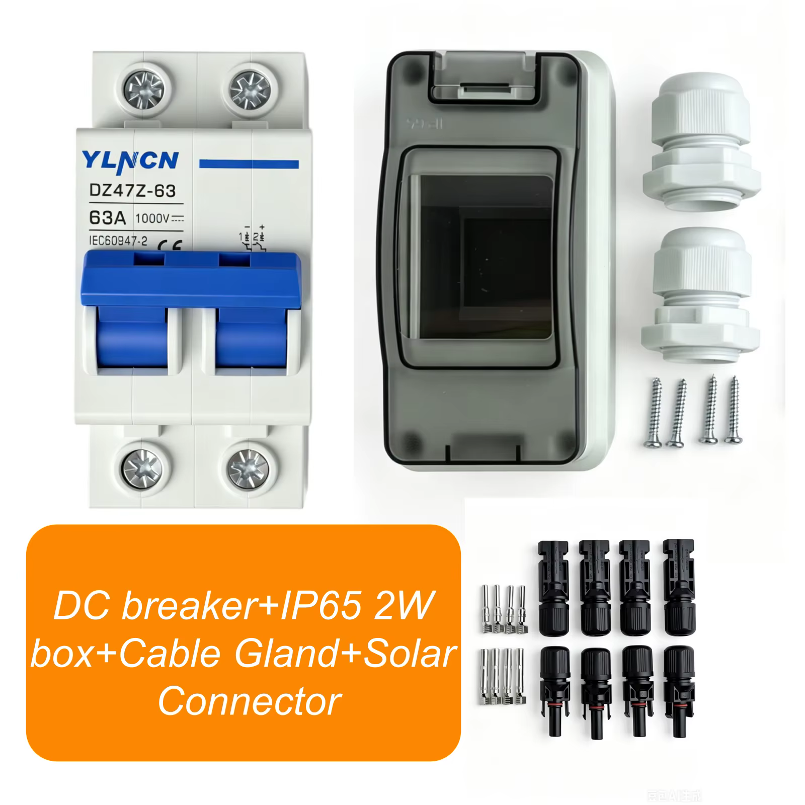Disjoncteur miniature DC 2P 1000VDC 25A 32A 63A avec boîtier IP65 2 voies pour onduleur de panneau s