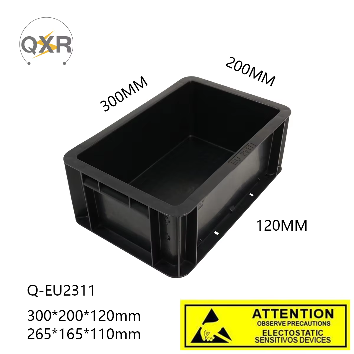 Q-EU2311 Boîte ESD 300*200*120mm Les boîtes de retournement conducteures noires sont empilables et t
