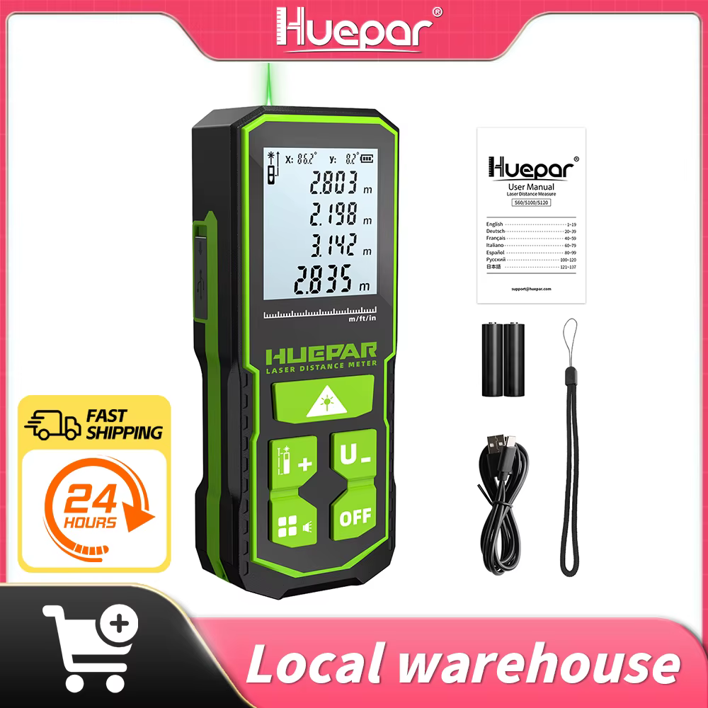 Huepar-Télémètre laser numérique, télémètre à bande laser Trena, Beem vert, mesure 60m, 100m, 120m