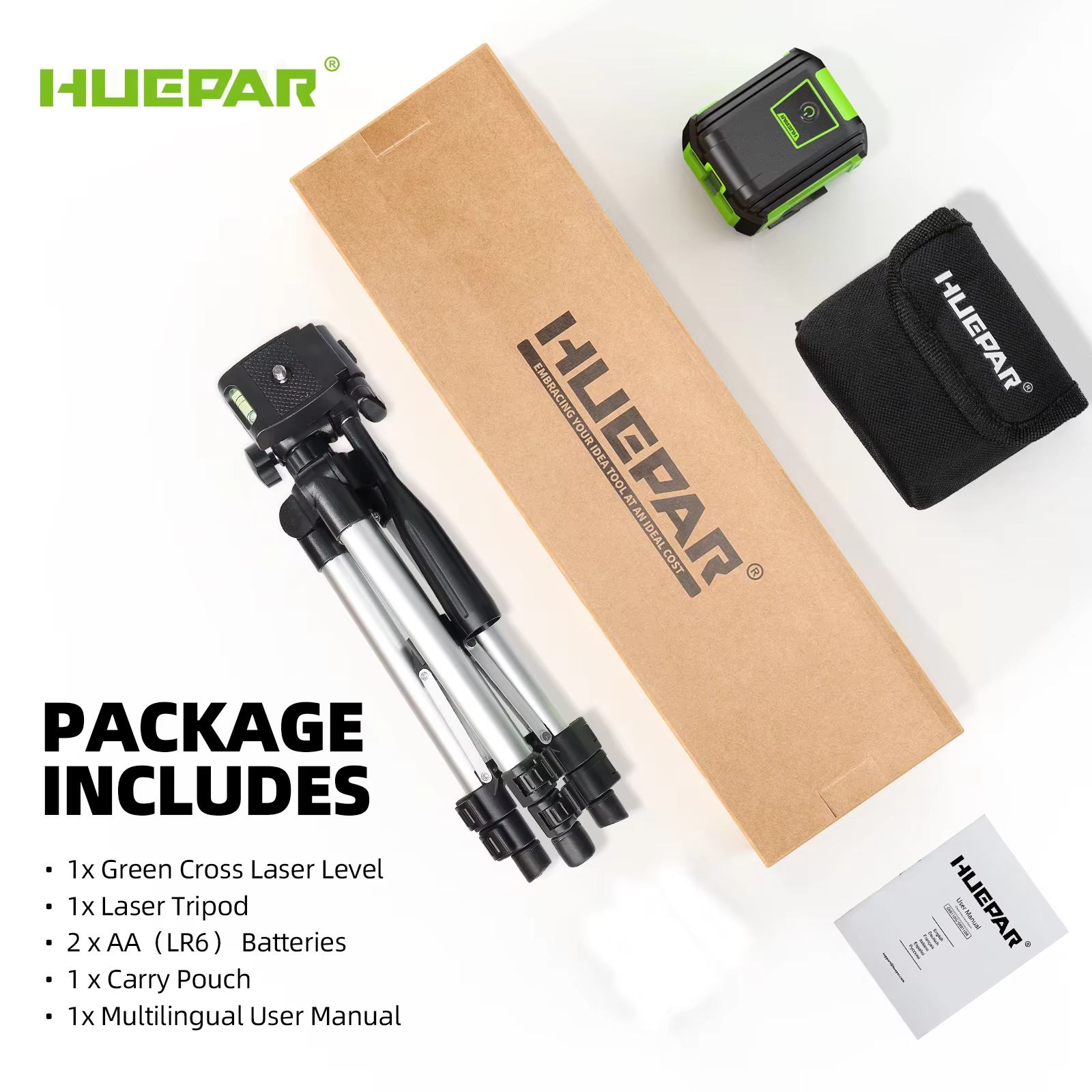 Huepar-GK011DGTP Niveau laser croisé avec trépied, diode Osram verte, auto-abaissement, outils laser