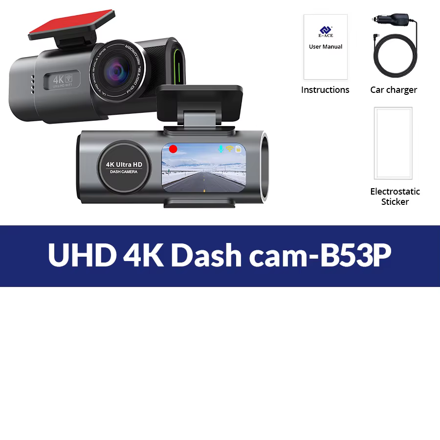 Caméra de tableau de bord 4K UHD pour voiture, enregistreur vidéo DVR à Vision nocturne, Wi-Fi intég