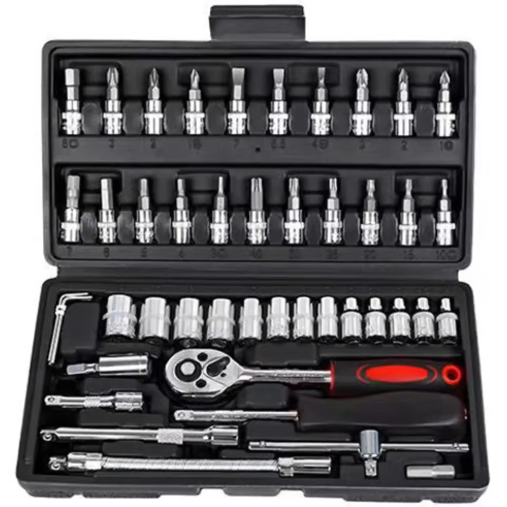 Kit d'entretien automobile 46 pièces : Boîte à outils avec clé à cliquet, outils à main pour la fami