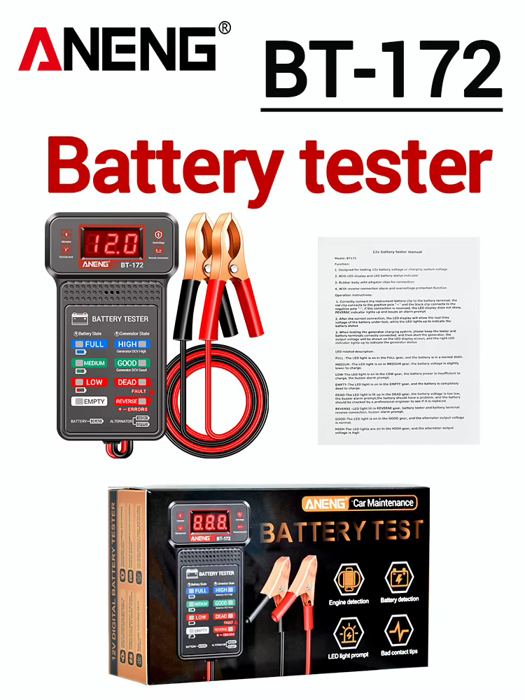 Testeur de batterie automobile ANENG BT-172 12V avec alarme sonore, indication de connexion inversée