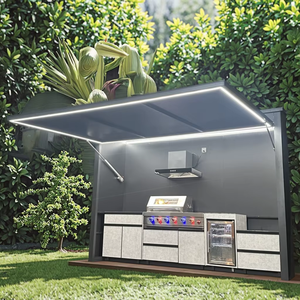 Abri de cuisine BBQ extérieur sur mesure, noir et gris, construction en acier inoxydable 304, coupe-