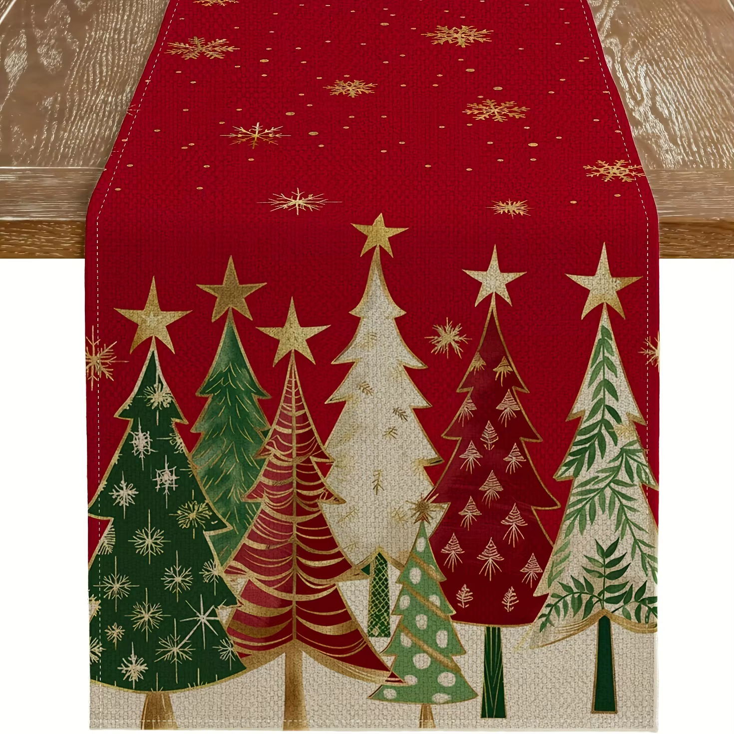 Chemin de table de Noël, décoration de table festive rectangulaire, design d'arbres de Noël rouges e