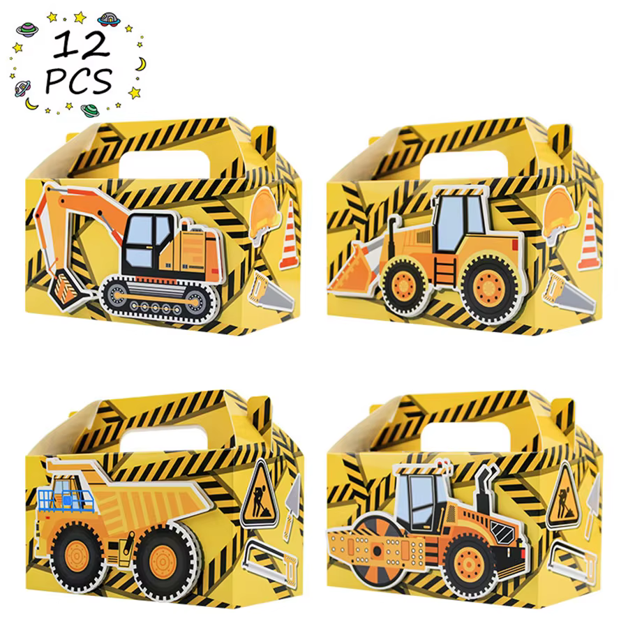 Lot de 12 boîtes cadeaux pour fête sur le thème de la construction, boîtes à friandises pour camions