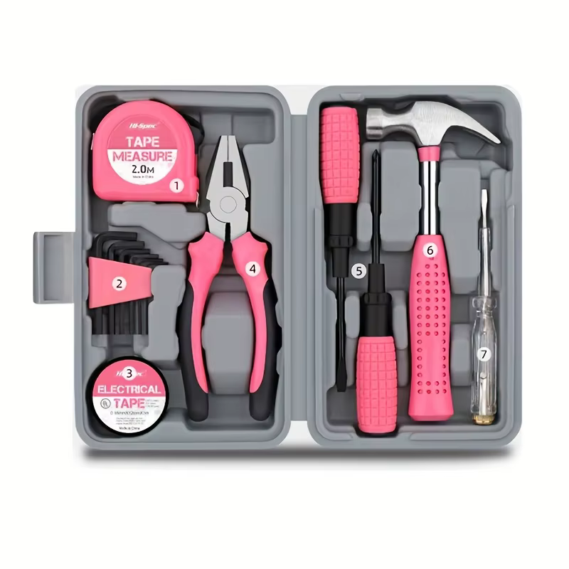 Nouvelle boîte à outils rose 13-en-1 2026, contenant des outils de réparation manuels compacts pour 