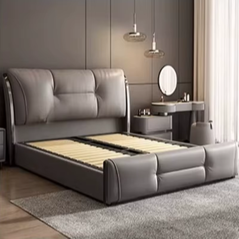Lit double en cuir pleine fleur avec rangement, lit décoratif pour 2 personnes, taille King, cadre e