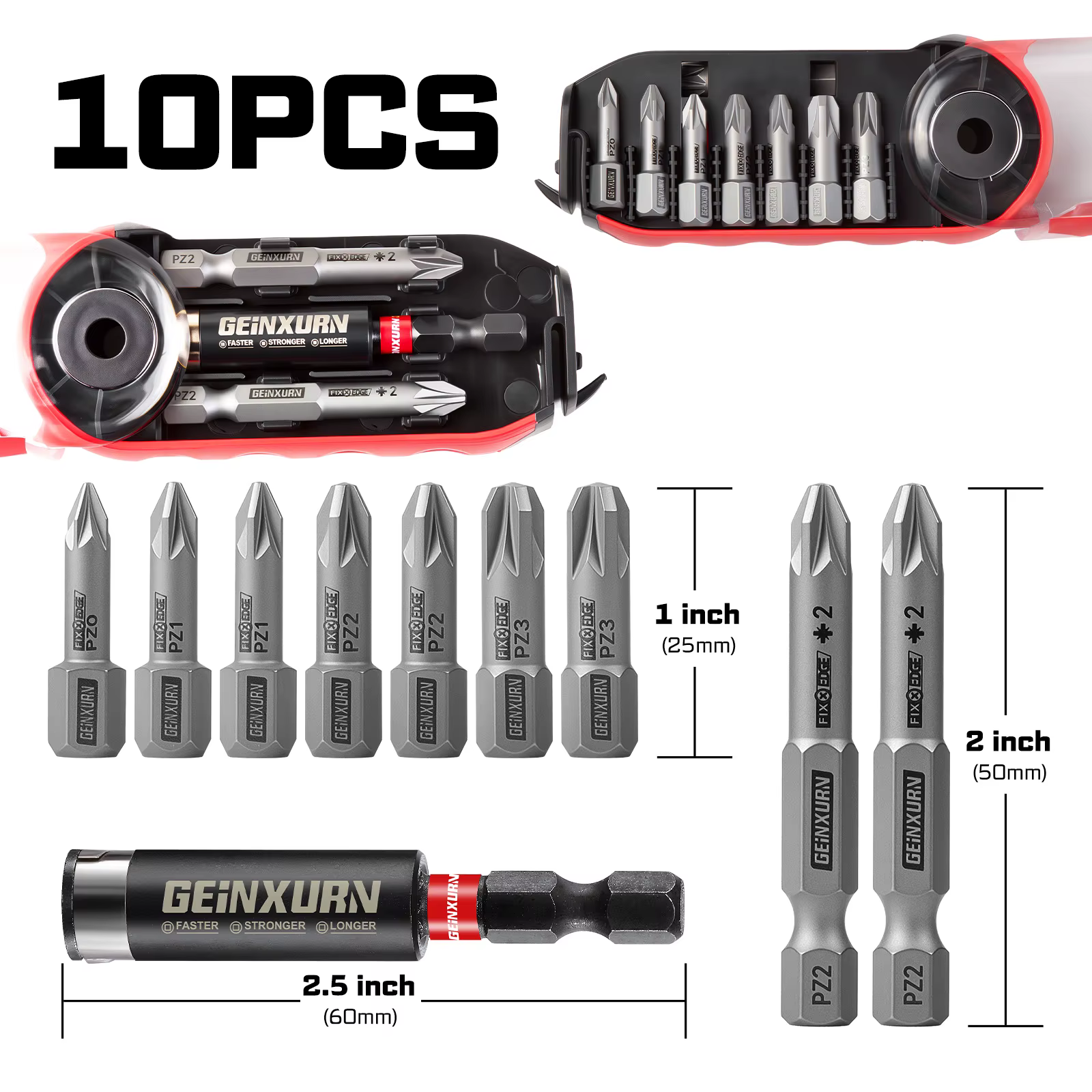 Jeu de 10 embouts de tournevis FIXEDGE Geinxurn, boîte de rangement rouge arc-en-ciel, embouts magné