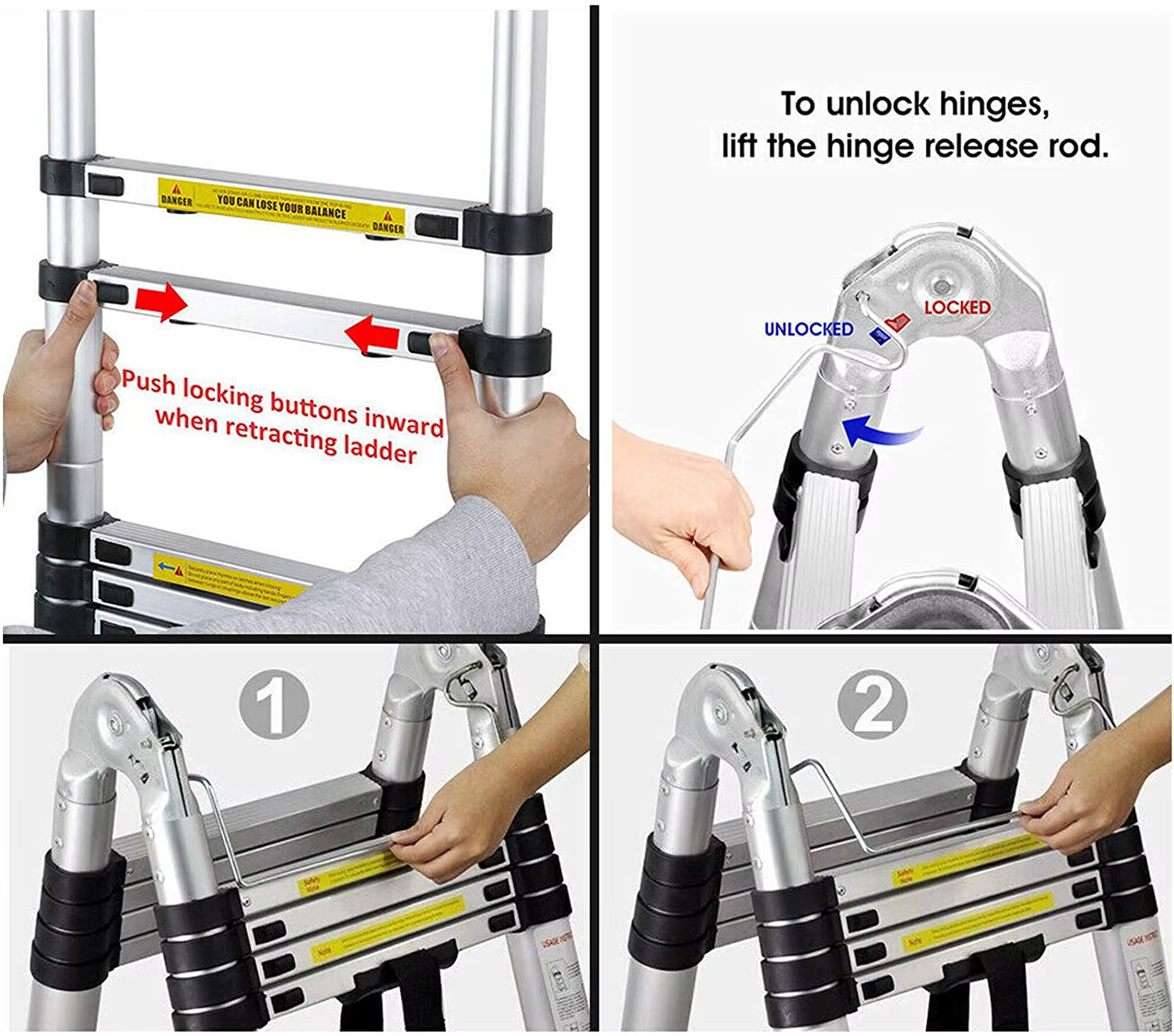 Échelle télescopique pliante de 3.8m/ 5m, cadre en A, alliage d'aluminium/acier inoxydable, antidéra