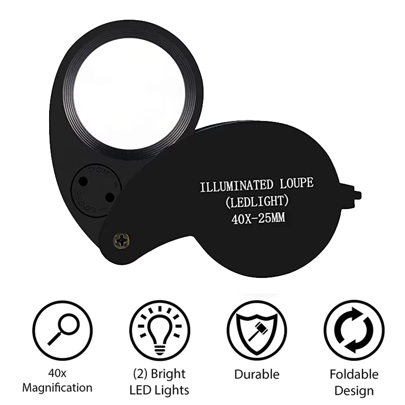 Loupe de bijoutier pliante de poche 40X, Loupe avec lumière pour montre, pièces de monnaie, timbres,