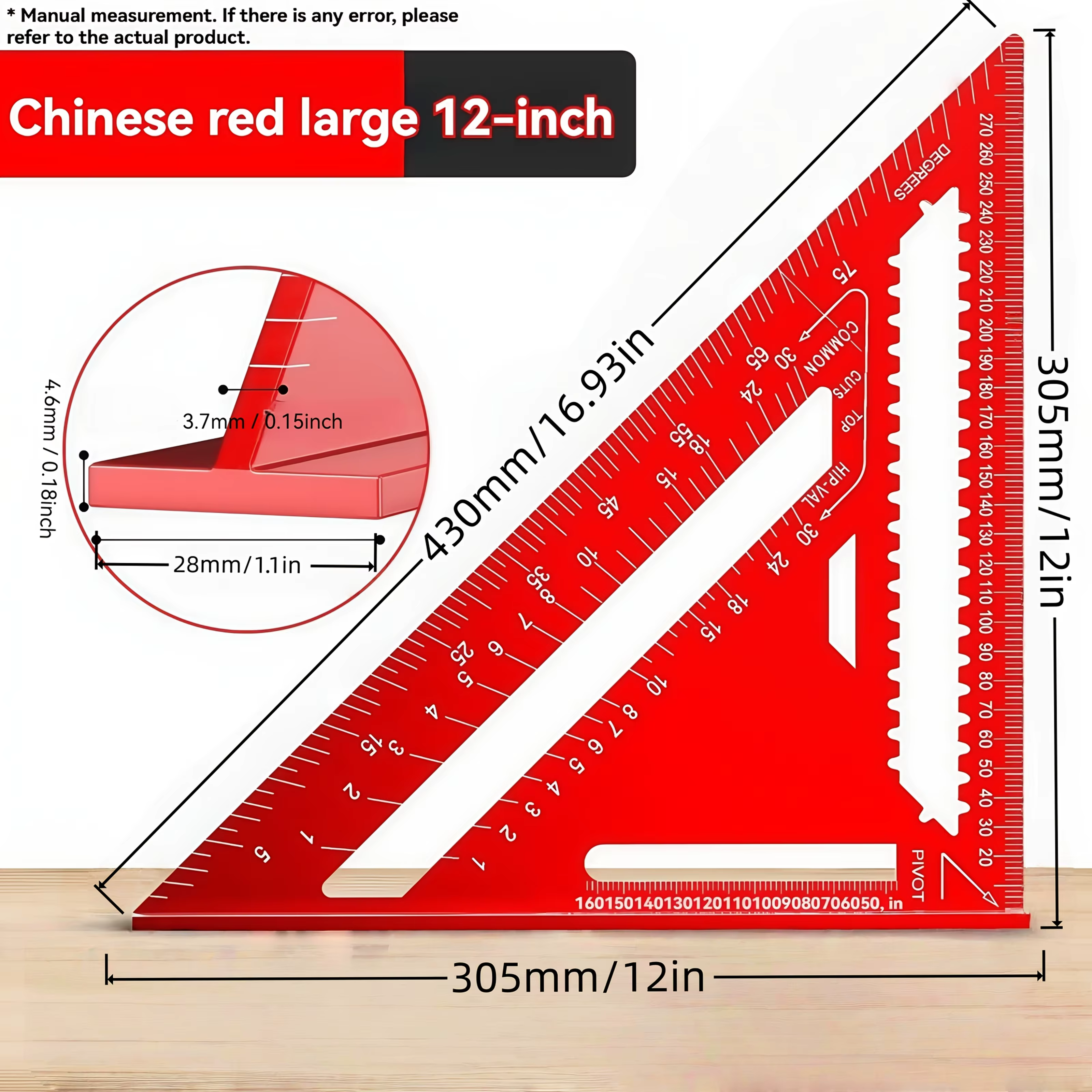 [Rule de précision] Règle triangulaire de précision en alliage d'aluminium rouge de 12 pouces |   Co
