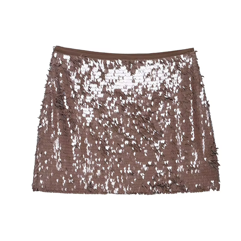 Chic Y2K Paillettes Marron Mini Jupe Femmes Sexy Club Jupes Brillantes 2025 Mode Moderne Anniversair