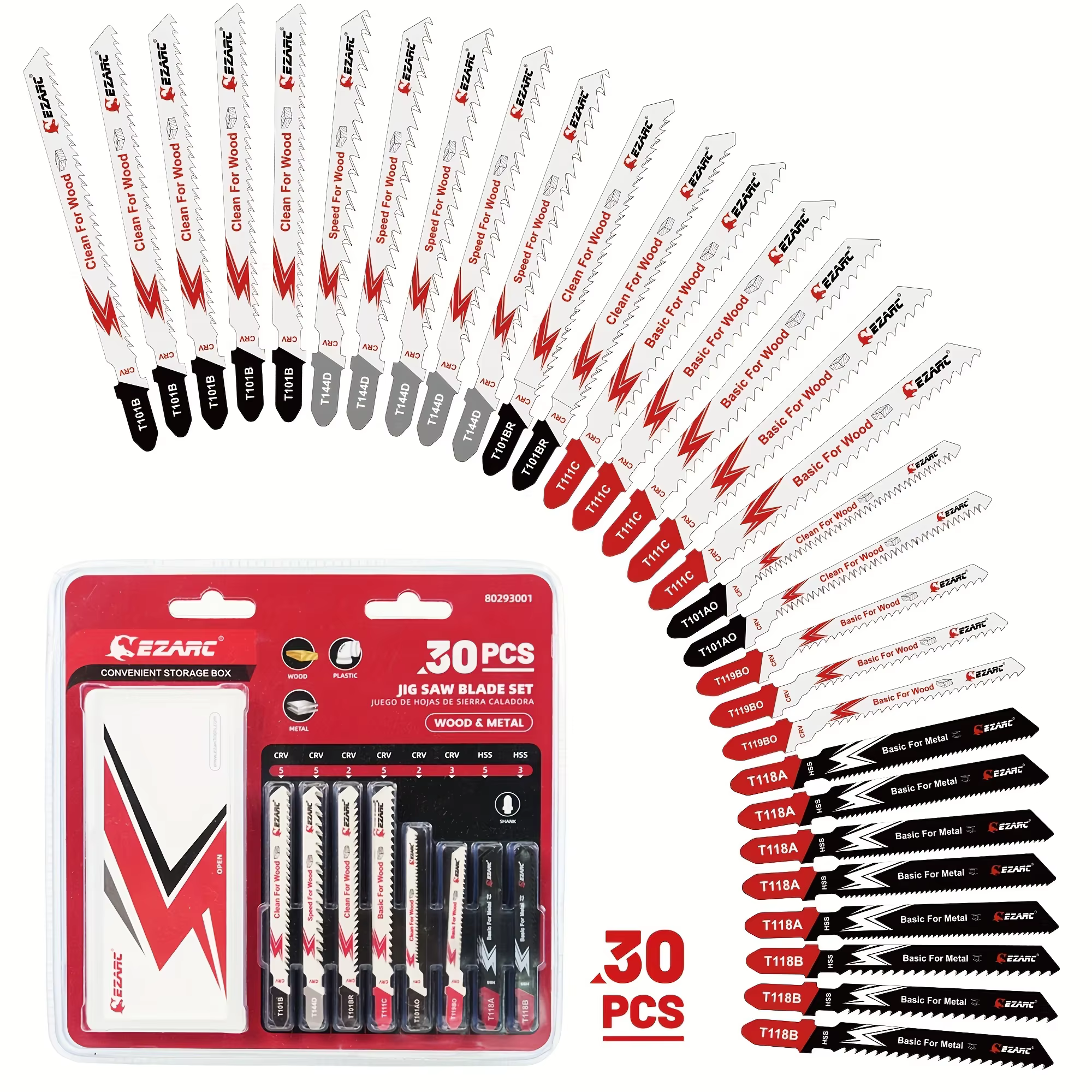 Jeu de 30 lames de scie sauteuse avec mallette de rangement, assortiment de lames de scie sauteuse d