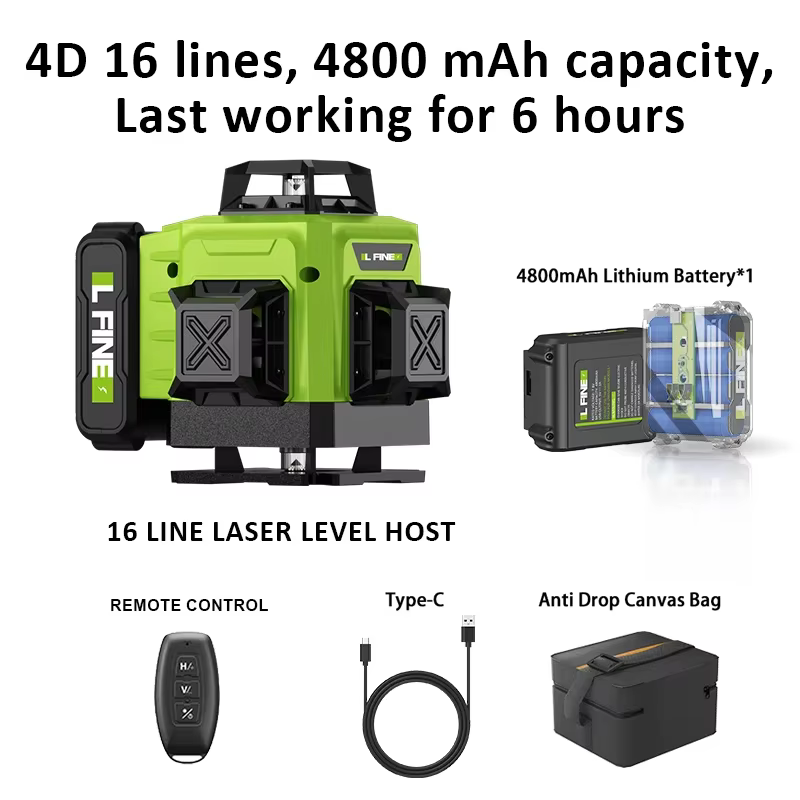 niveau Laser auto-nivelant horizontale verticale croix 16 lignes lumière verte Nivel Laser Rechargea