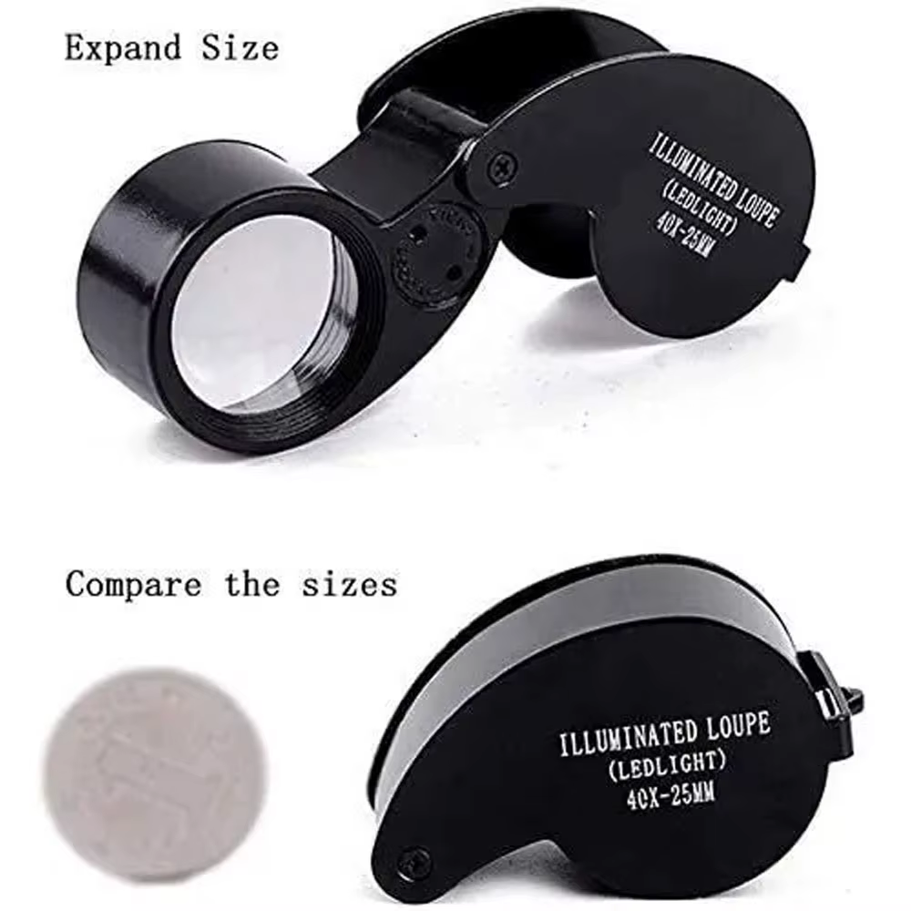 Loupe de bijoutier pliante de poche 40X, Loupe avec lumière pour montre, pièces de monnaie, timbres,