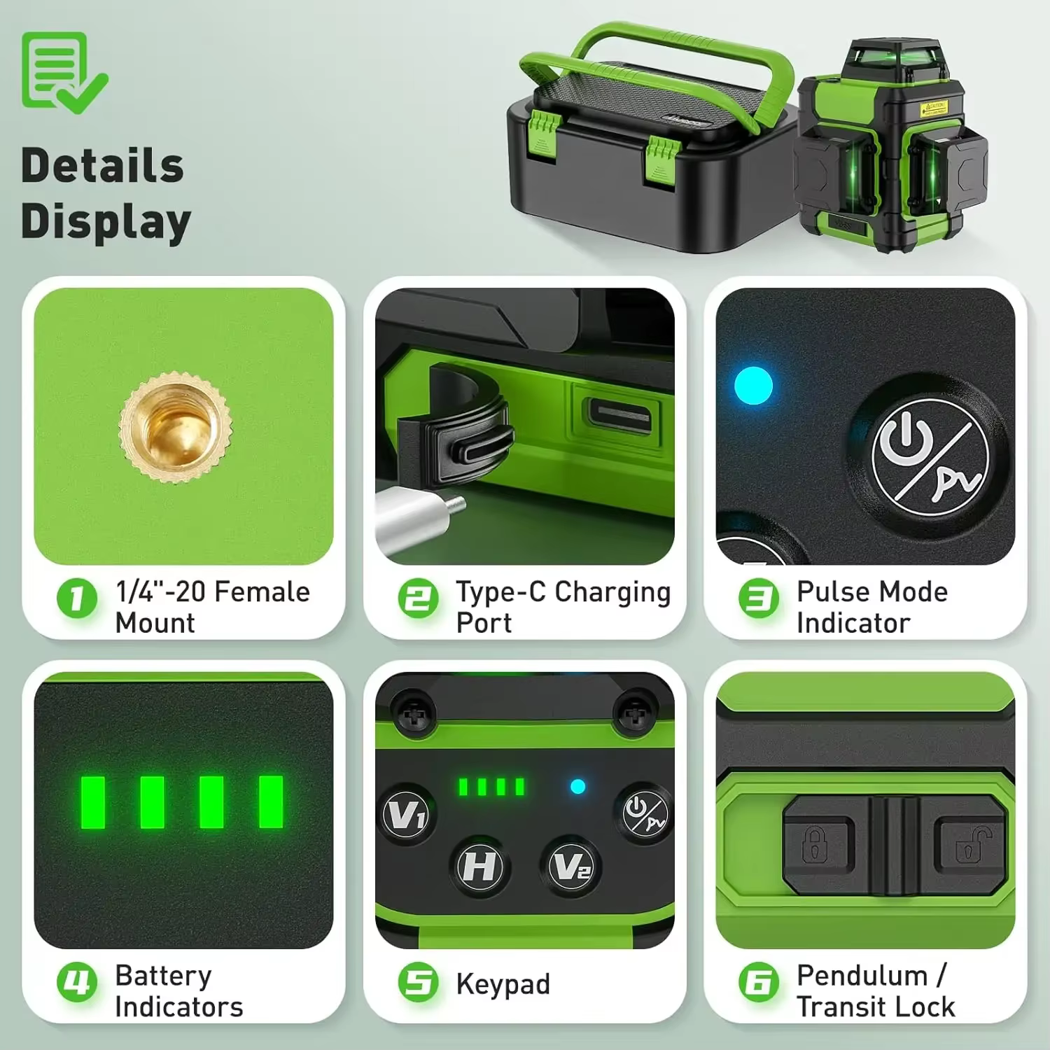 Huepar – niveau Laser 3D à lignes croisées, outil Laser vert auto-nivelant Rechargeable avec batteri
