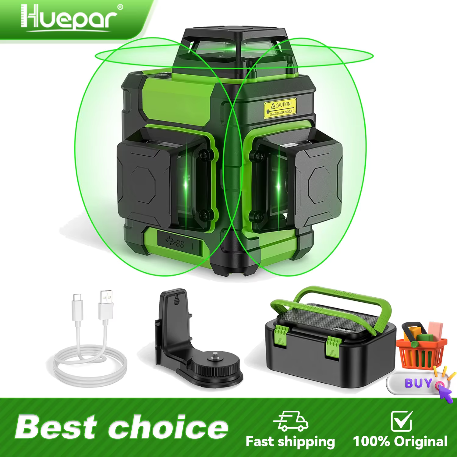 Huepar – niveau Laser 3D à lignes croisées, outil Laser vert auto-nivelant Rechargeable avec batteri