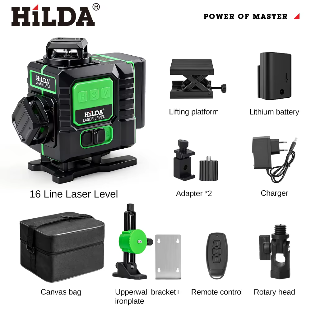 Instrument de niveau laser HILDA 16 lignes 360 ° Instrument de niveau Laser 4D à lumière verte Ult