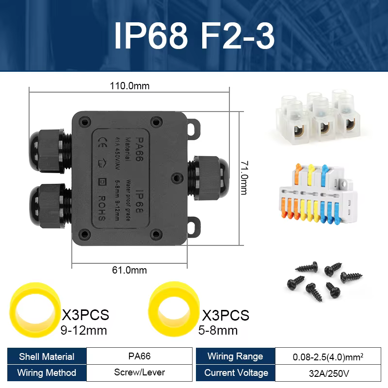 Boîte de jonction étanche 3 voies en plastique mini IP68, boîte scellée ignifuge pour extérieur avec