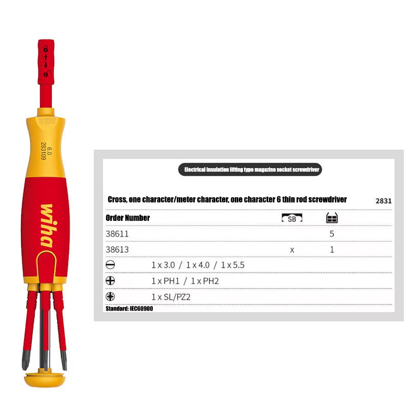 Tournevis multifonctionnel isolé Wiha 6-en-1 de type magazine avec rangement d'outils, embouts cruci