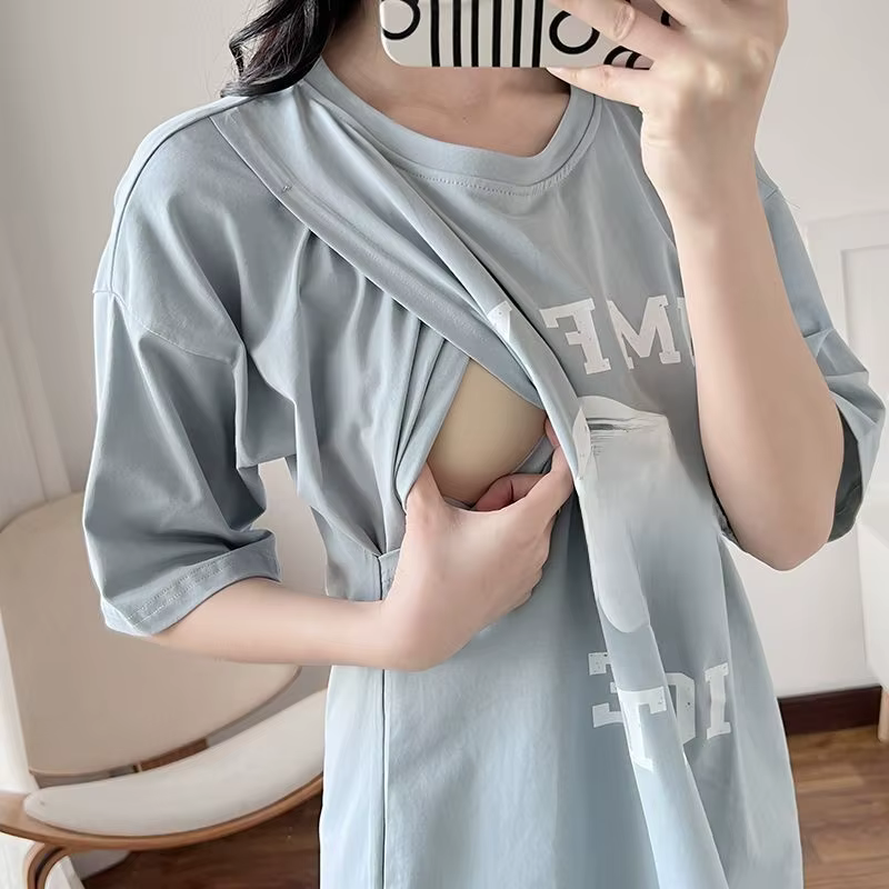 T-shirt d'allaitement de maternité à manches courtes, longueur midi, vêtement post-partum confortabl
