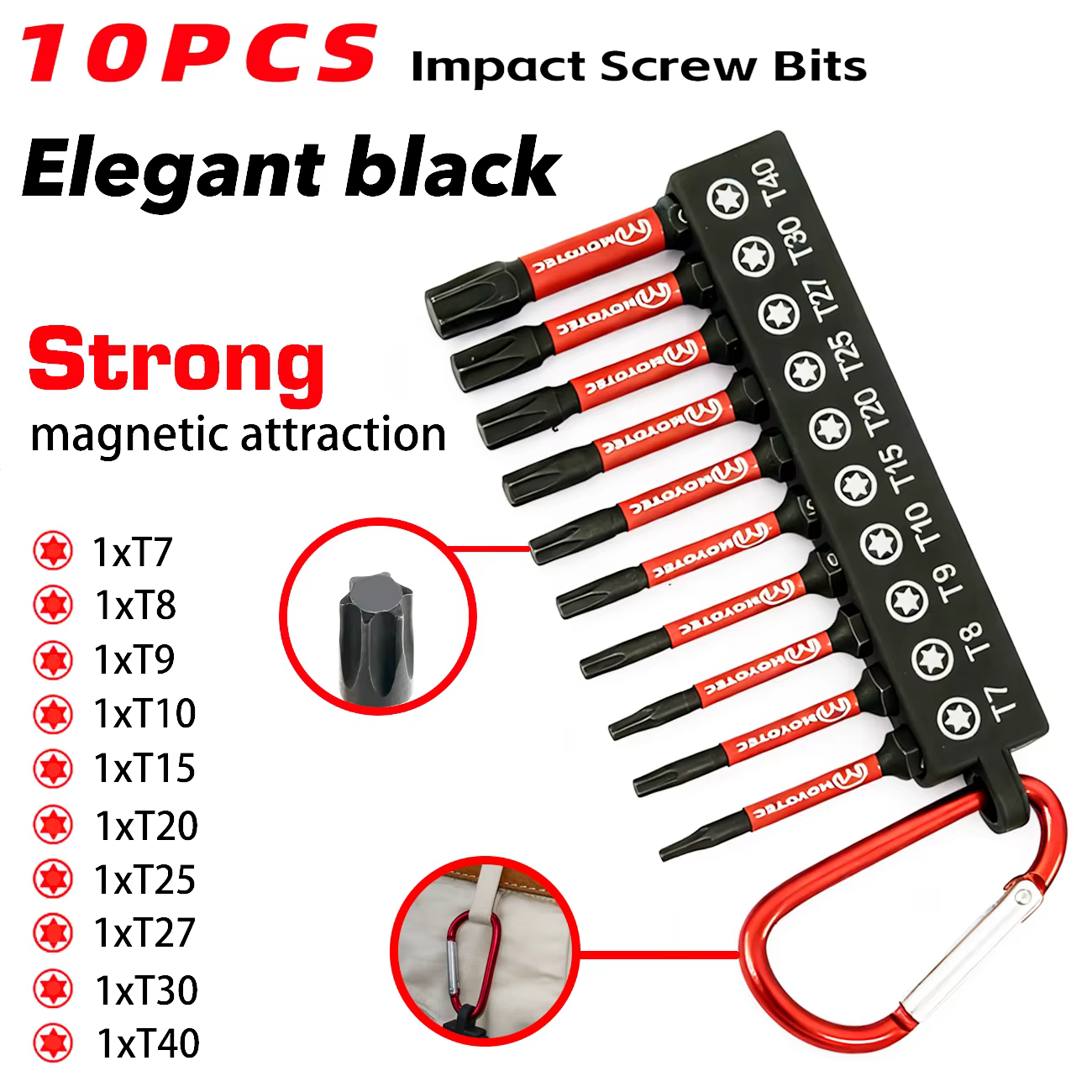 Jeu de 10 embouts Torx en acier S2 T7-T40, gamme complète de tailles, 50 mm, magnétiques, anti-torsi