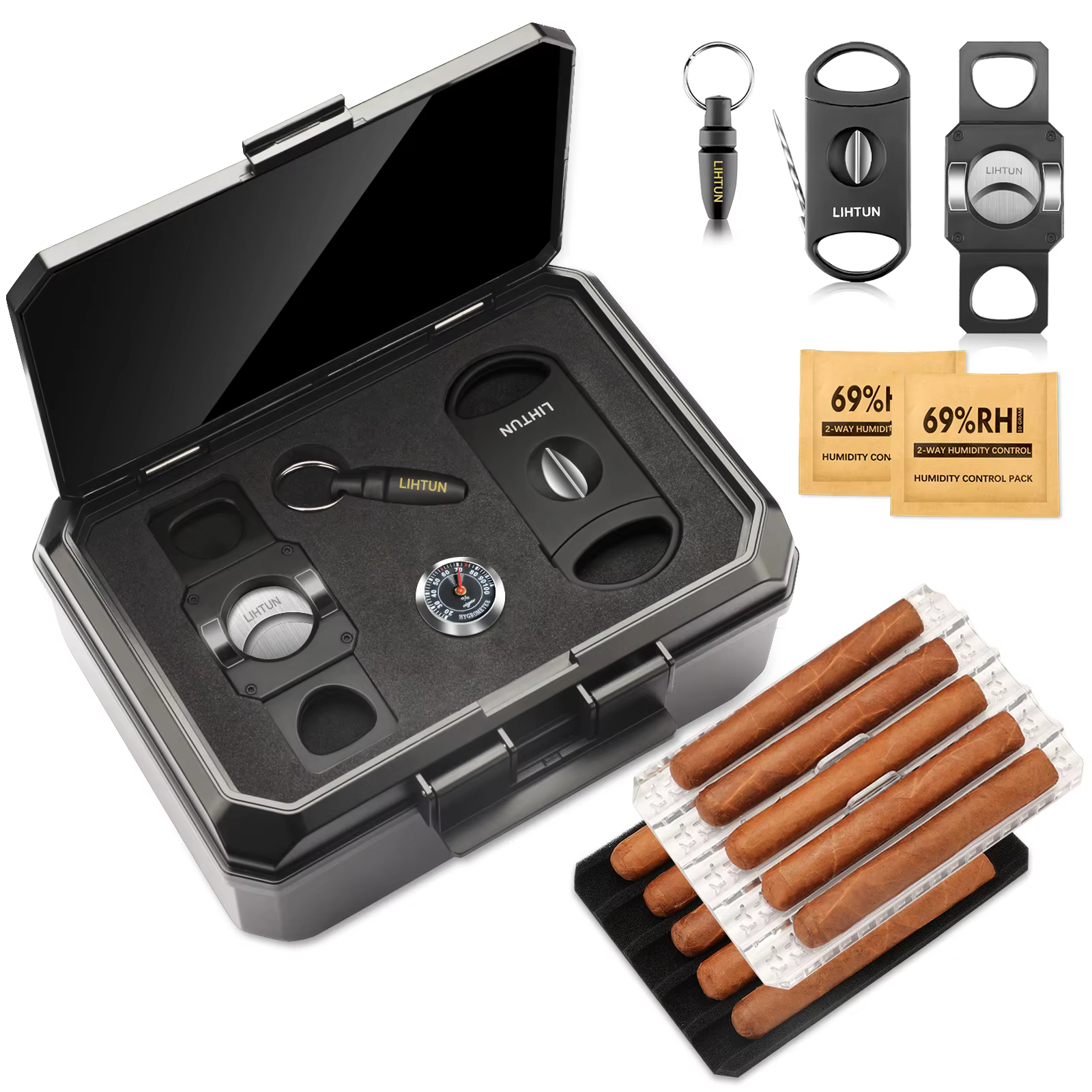 Boîte à cigares de voyage portable avec 2 coupe-cigares, 1 perforateur à cigares, hygromètre - Ensem