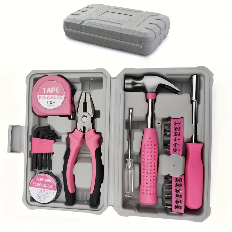 Kit d'outils de base pour femmes, 24 pièces, rose, dans une boîte à outils portable, petit et compac