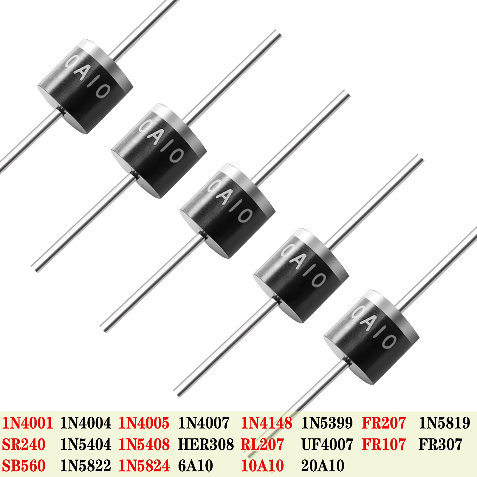 Diode redresseur de haute qualité, 1N4007 1N4001 1N5408 1N5819 1N5822 FR107 SR240 SR5100 RL207 UF400