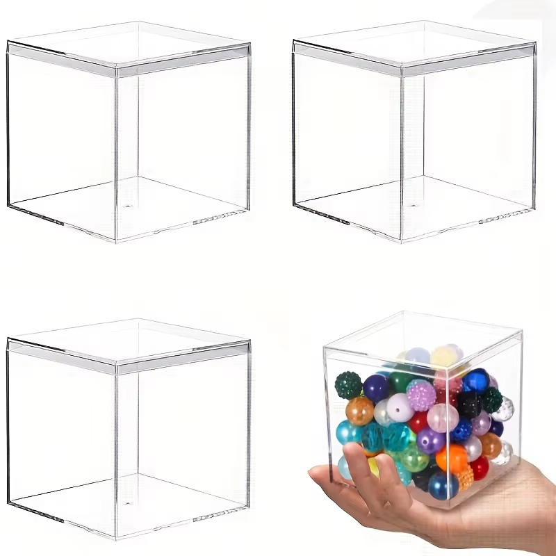 Boîte acrylique transparente avec couvercle, conteneurs Cube carrés, boîte de rangement, organisateu